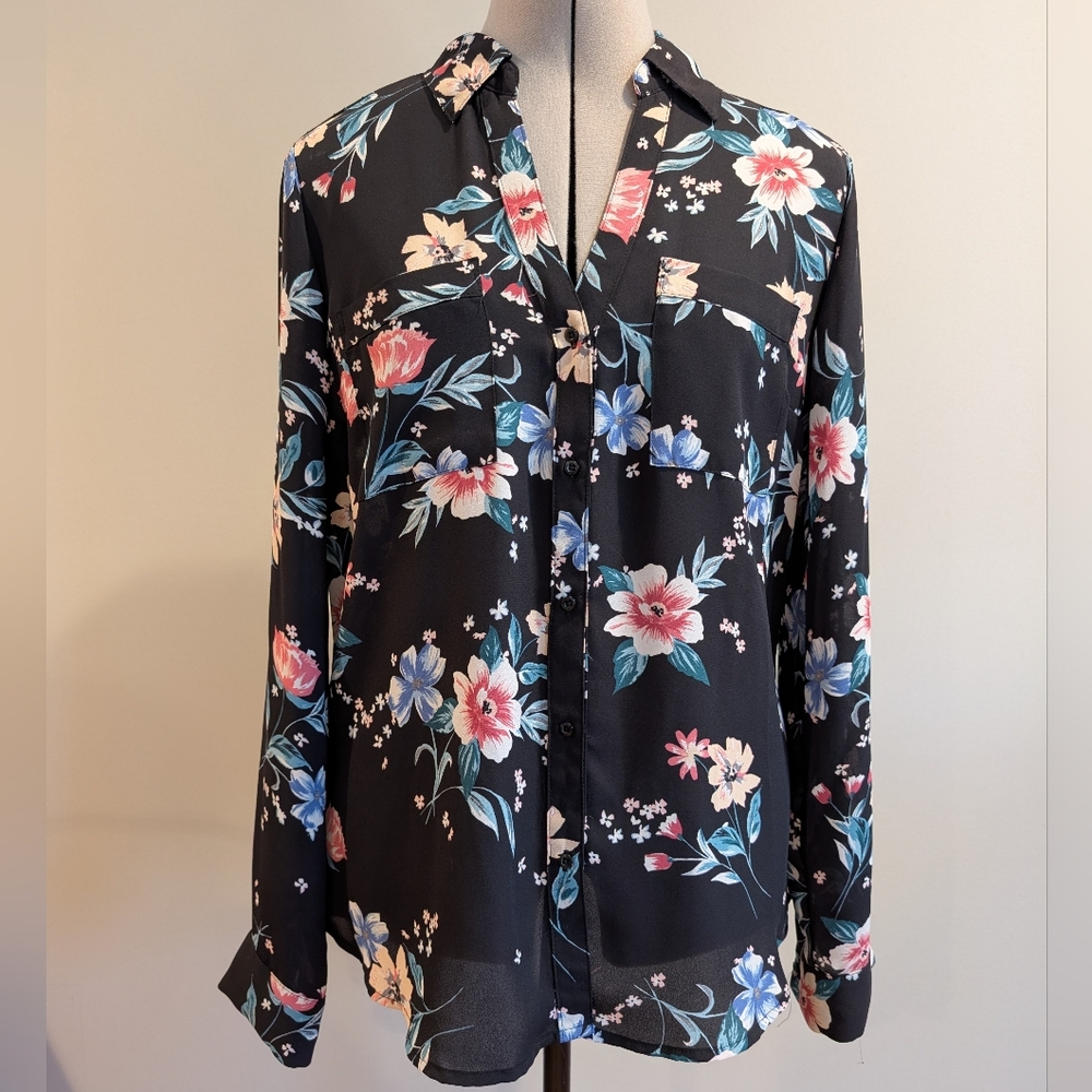 Candie’s Black Floral Button-Up Blouse Convertible Tab Sleeves - Medium​​